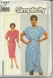 7887  Simplicity SHAWL COLLAR DRAPE TULIP HEM WRAP DRESS PATTERN 12 uncut